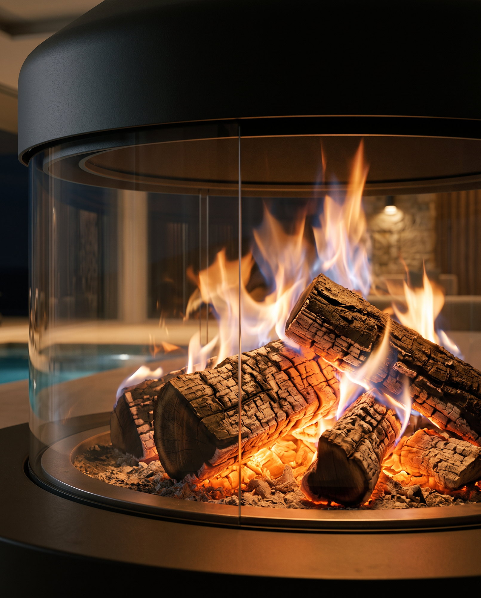 Split hardwood and embers seen close through the Meijifocus glass