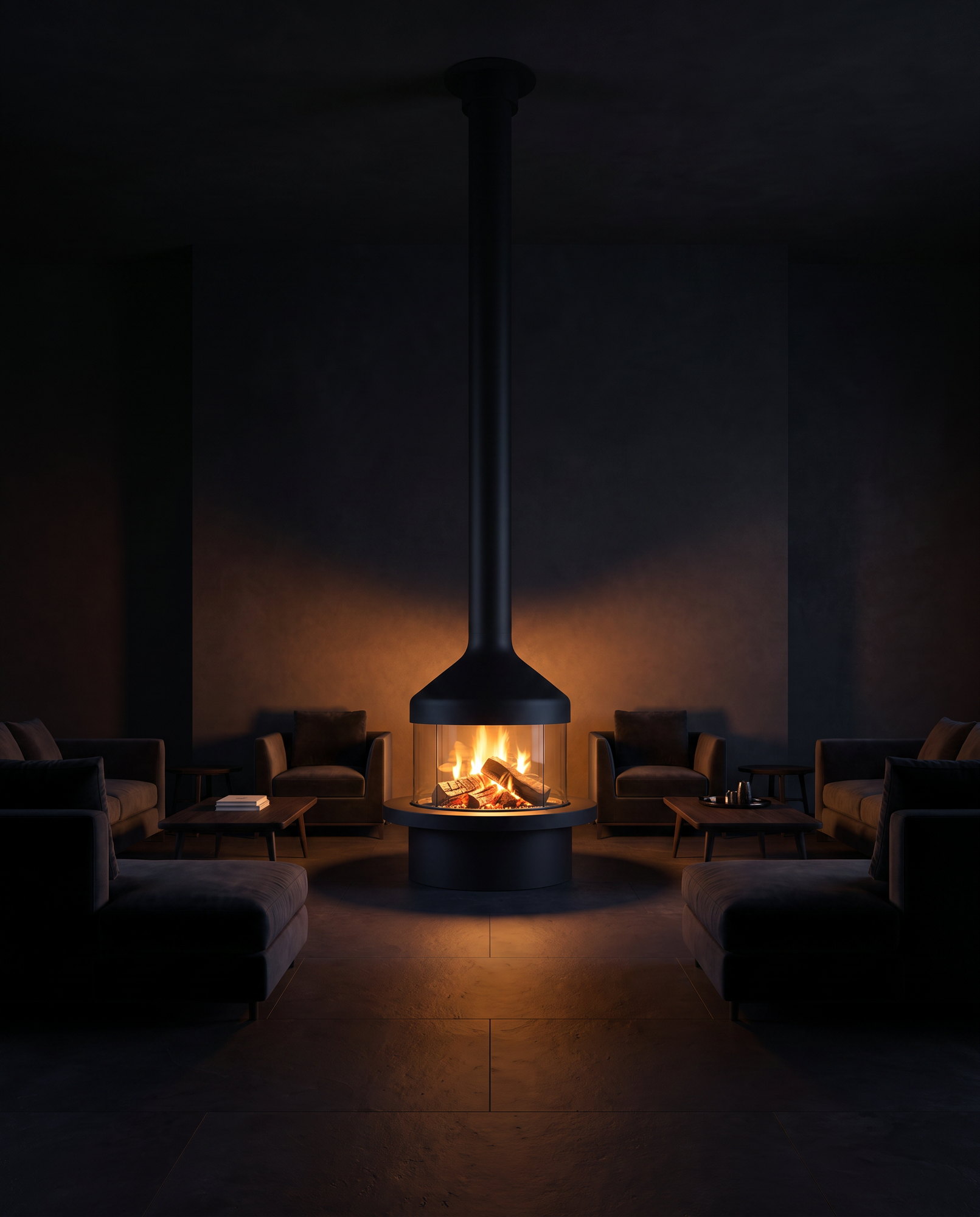 A dark lounge arranged in a circle around the Meijifocus, fire the only light