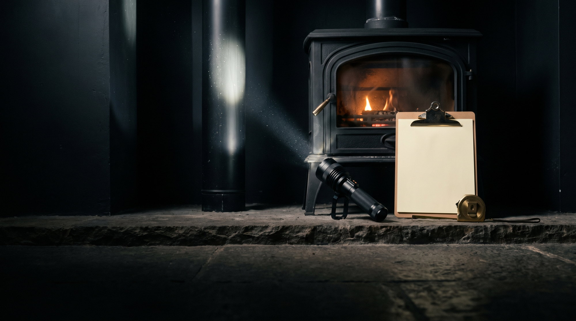 A wood stove burning in a dark room with an inspection flashlight, clipboard and brass measuring tape on the stone hearth