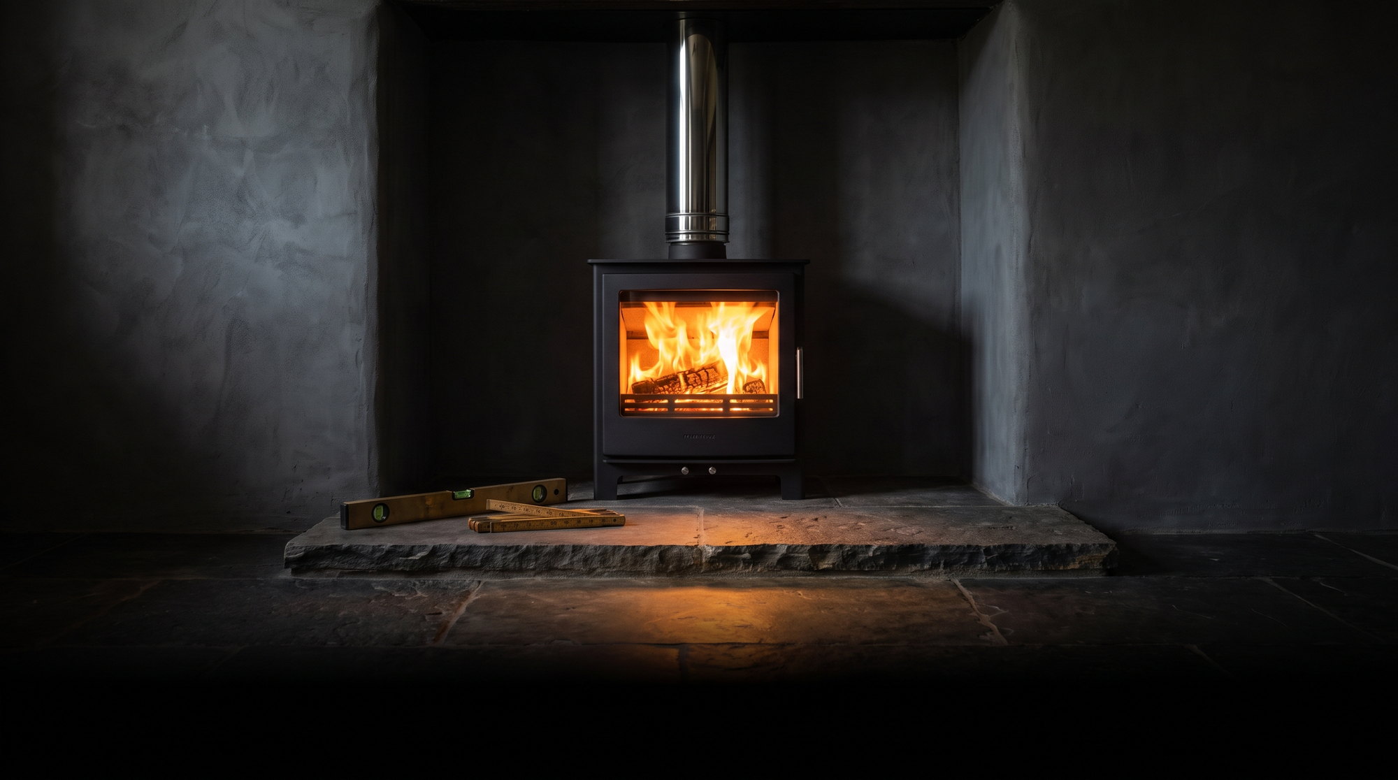 A new matte-black wood stove with its first fire lit, stainless chimney rising to the ceiling, level and rule on the stone hearth