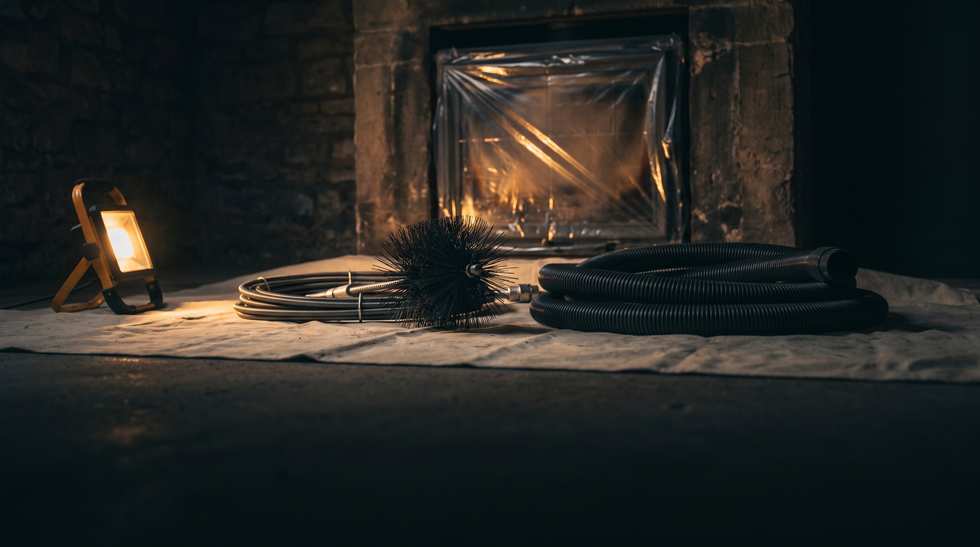 Chimney sweeping rods, a brush and a HEPA vacuum laid out on canvas in a dark room