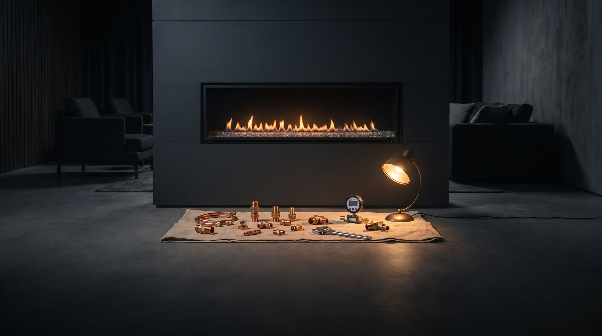 A linear gas fireplace lit in a dark feature wall with copper gas fittings, a wrench and a pressure gauge laid on a drop cloth below