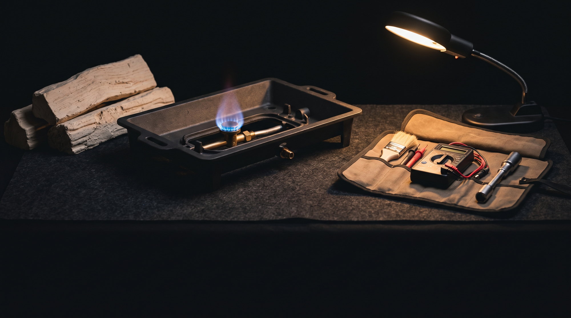 A gas fireplace burner tray mid-service with a blue pilot flame, ceramic logs set aside and precision tools in a row
