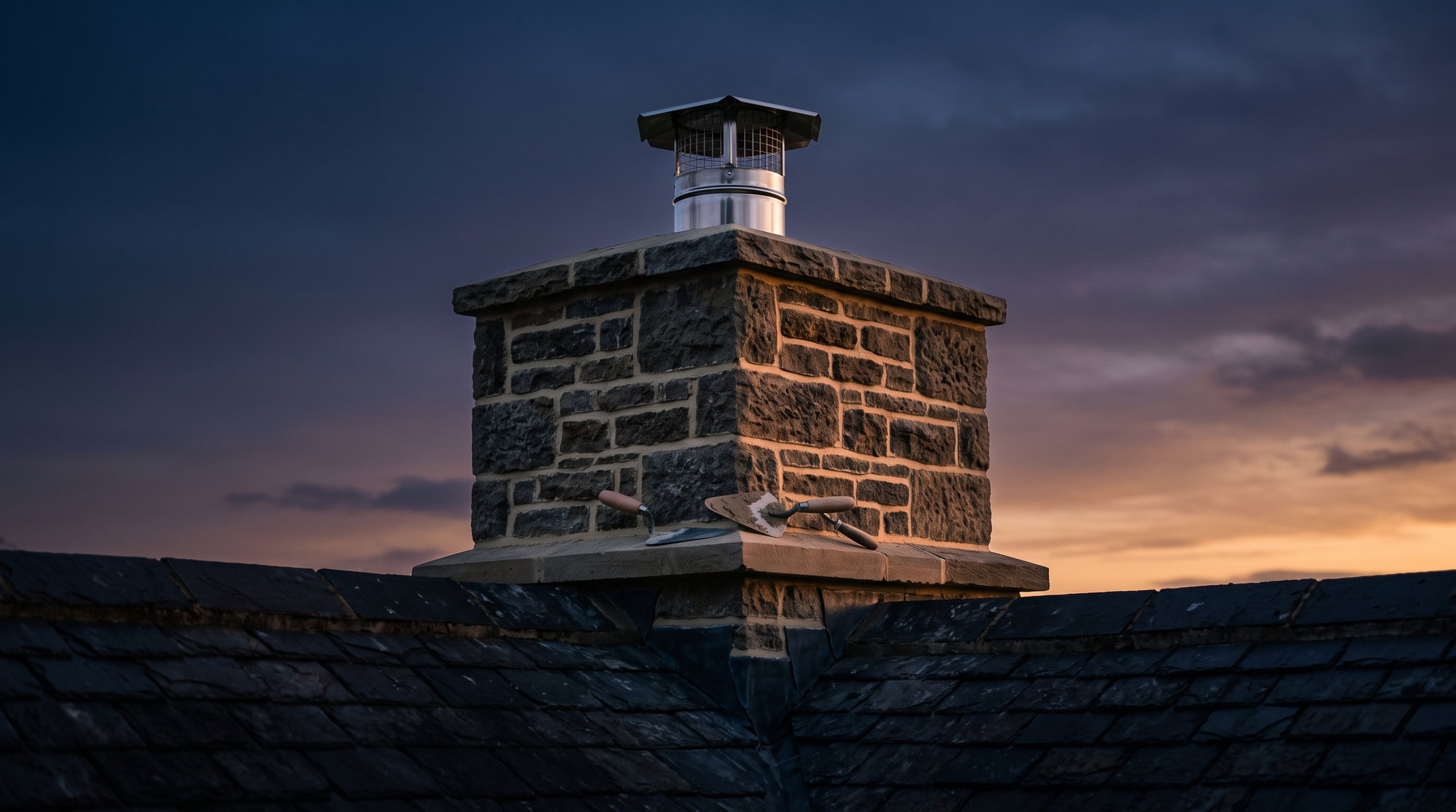 A stone chimney crown at twilight with fresh mortar joints, pointing trowels resting on the shoulder and a new stainless cap