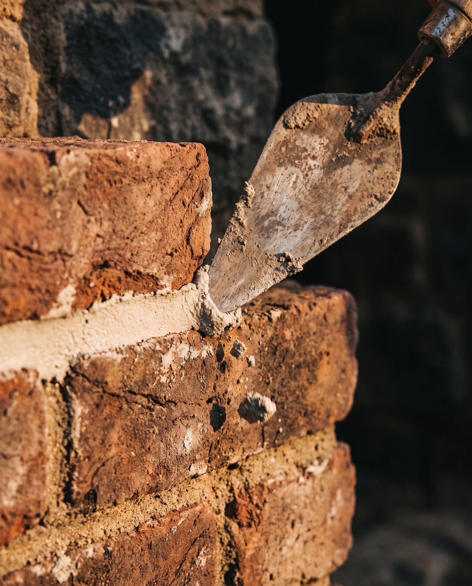 A pointing trowel pressing fresh mortar into a joint between weathered bricks, close up