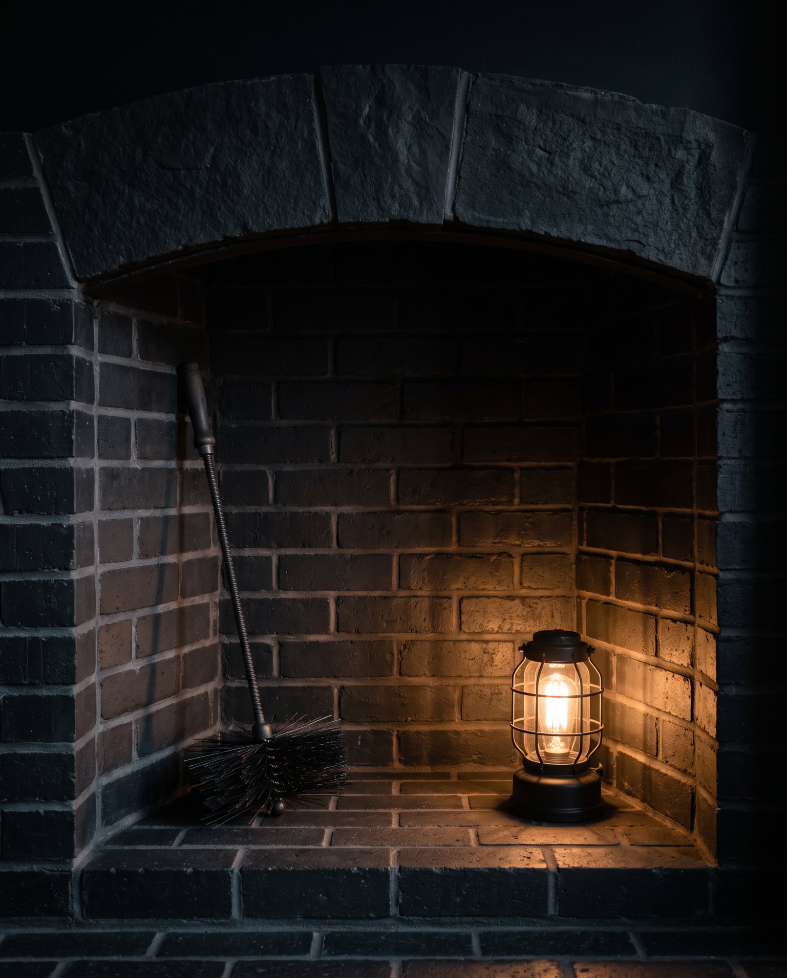 A freshly swept dark brick firebox, spotless, with a round chimney brush leaning inside and a lantern glowing