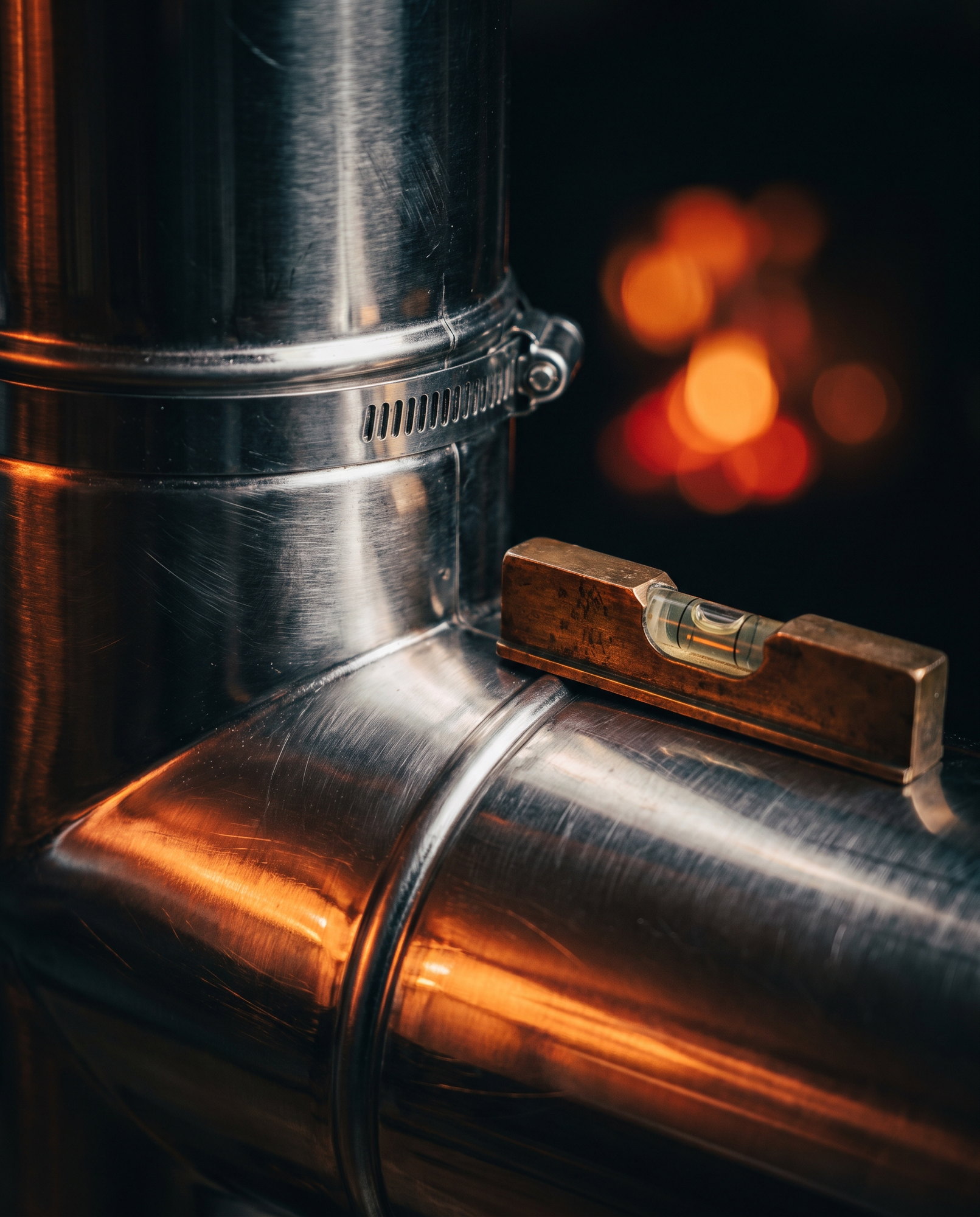 A stainless twin-wall chimney joint with its locking band closed and a brass level showing a centred bubble