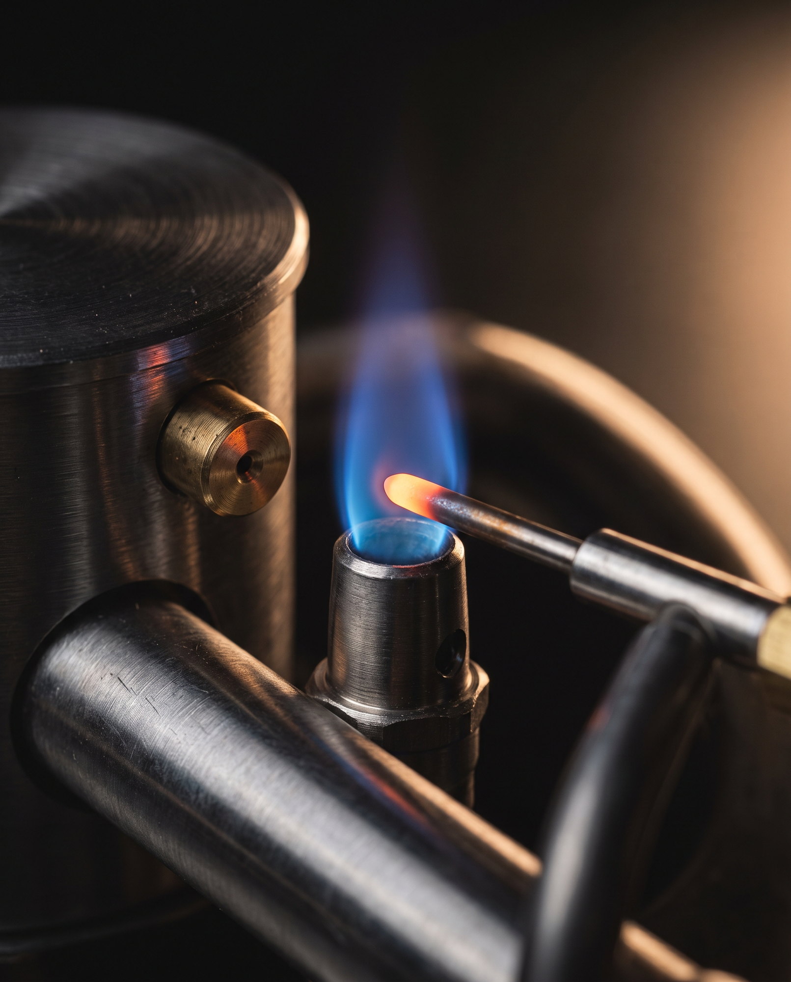 A steady blue pilot flame with a glowing thermocouple tip on a brushed metal burner assembly, close up
