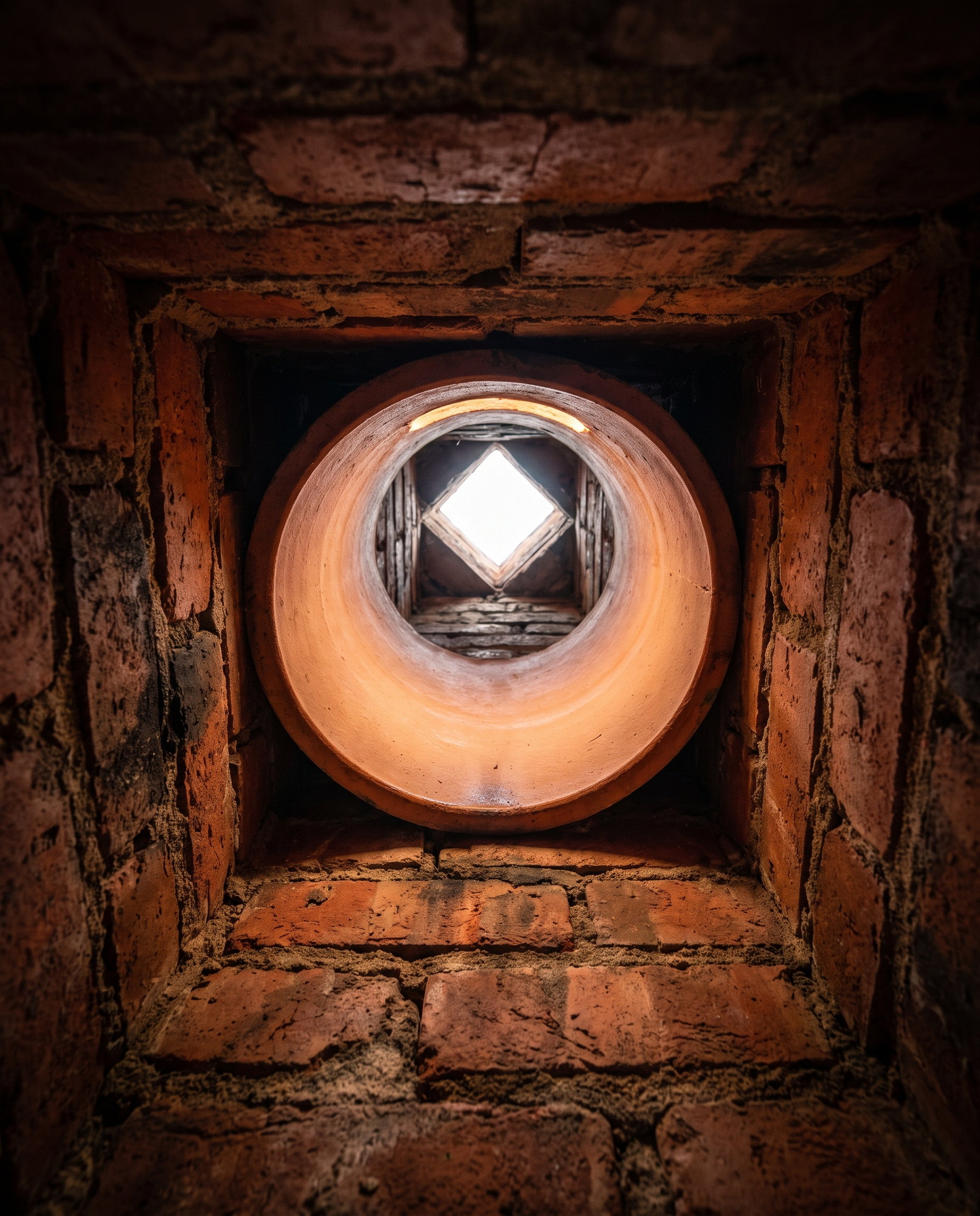 Looking straight up a clean brick chimney flue to a bright square of daylight