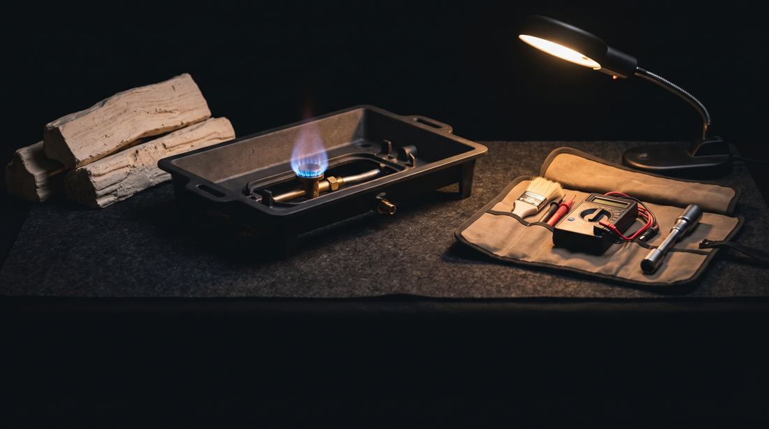 A pilot assembly and thermocouple under service lighting