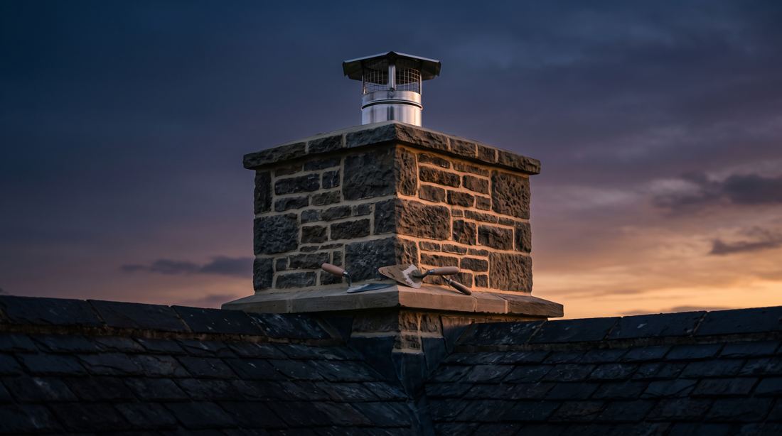 Chimney repair tools laid out in raking light