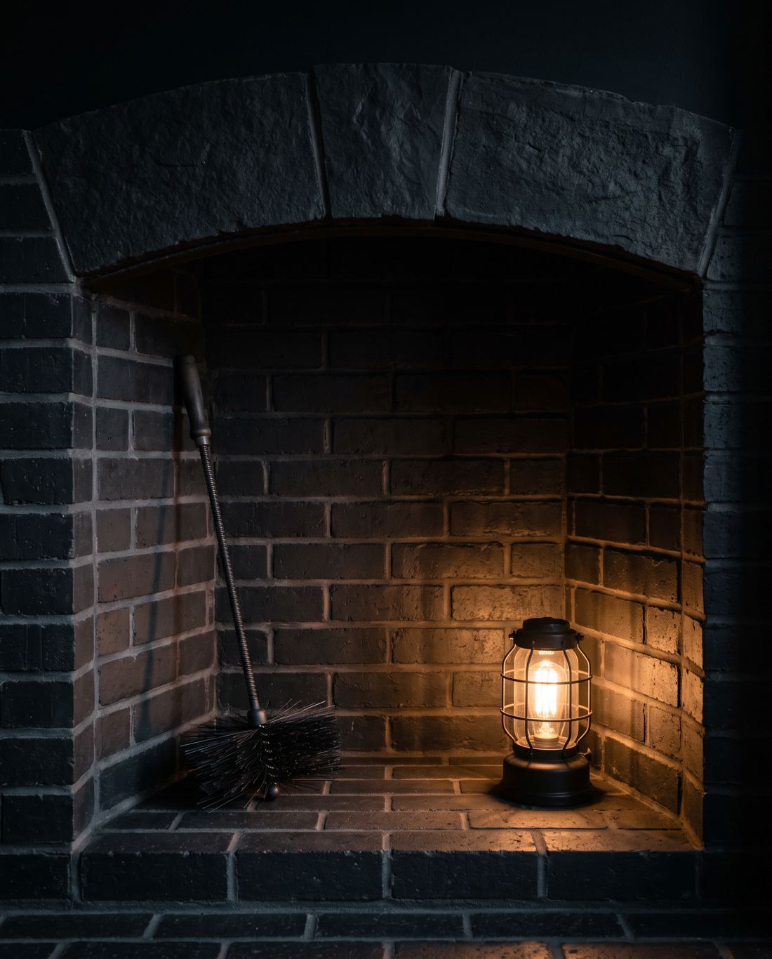 Chimney sweeping rods and a round flue brush on canvas