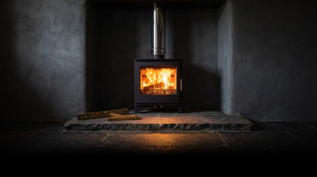 Twin-wall chimney sections and a locking band staged for a wood stove install