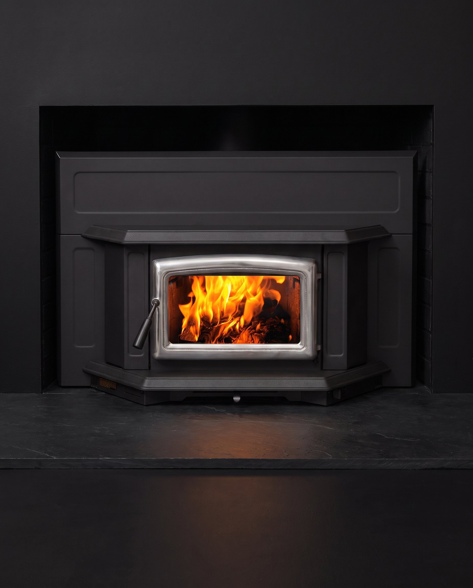 The Pacific Energy Super Insert LE, straight on, fire lit