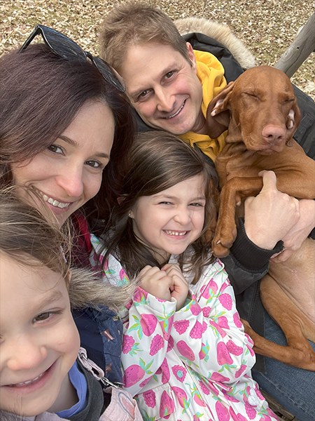 Dan and Teresa with Skylar, Raven and Sage the vizsla