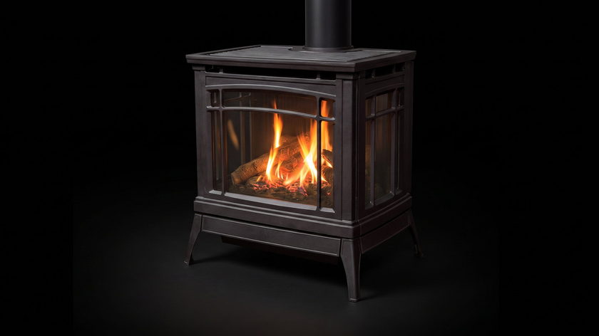 The Enviro Berkeley — cast iron gas stove — burning in the black studio void