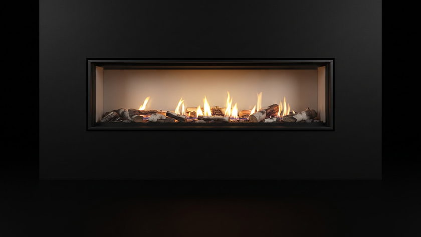 The Enviro C60 Tall — gas fireplace — burning in the black studio void