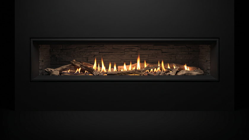 The Enviro C60 — gas fireplace — burning in the black studio void