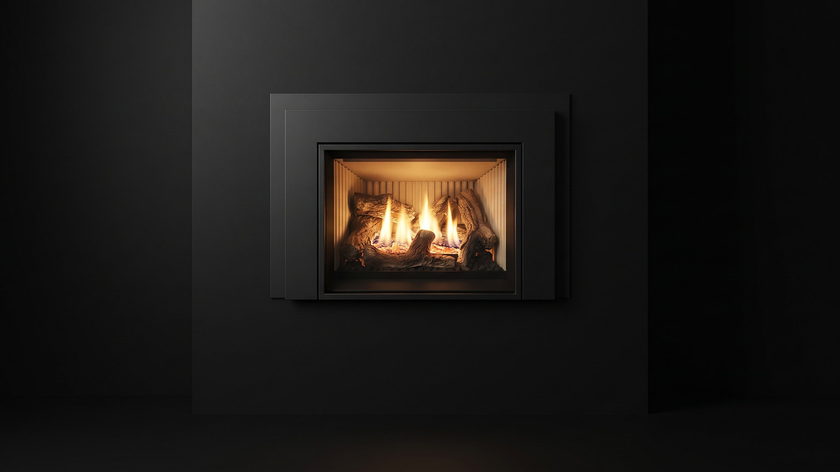 The Enviro E20 — gas fireplace insert — burning in the black studio void
