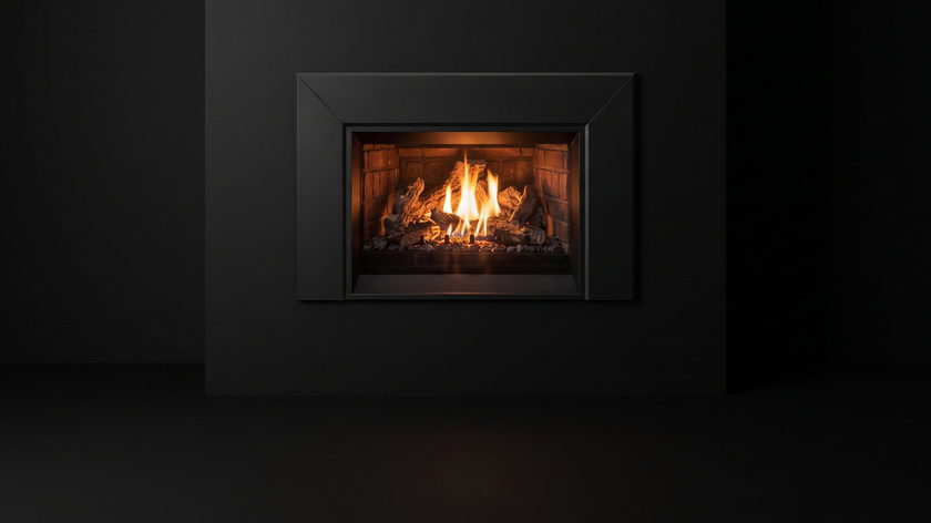 The Enviro E25 — gas fireplace insert — burning in the black studio void