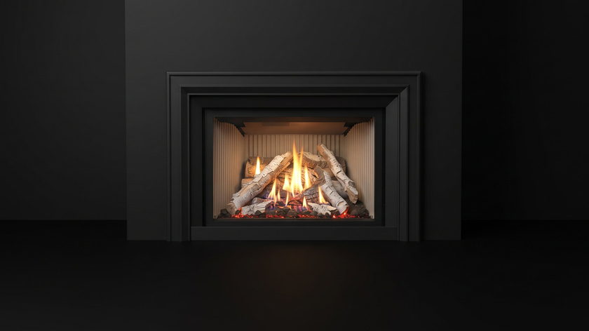 The Enviro EX32 — gas fireplace insert — burning in the black studio void