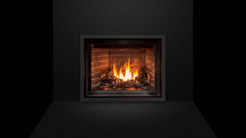The Enviro G39 — gas fireplace — burning in the black studio void