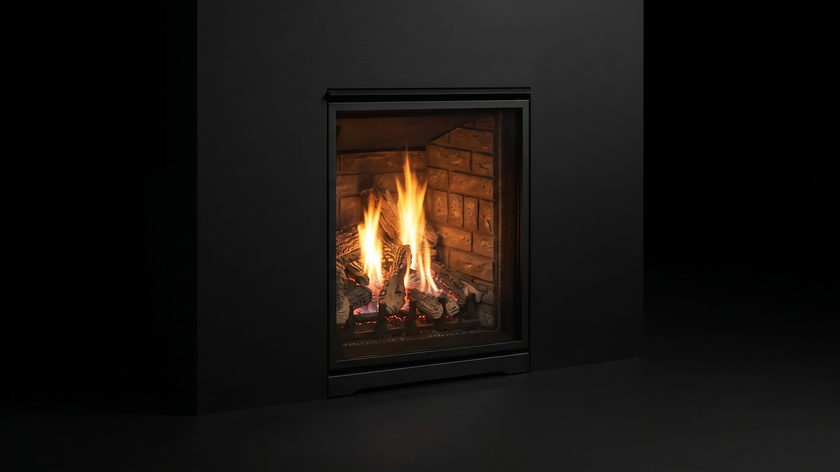 The Enviro Q1 — gas fireplace — burning in the black studio void
