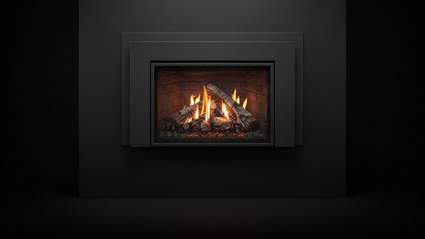 The Enviro Ri30 — gas fireplace insert — burning in the black studio void