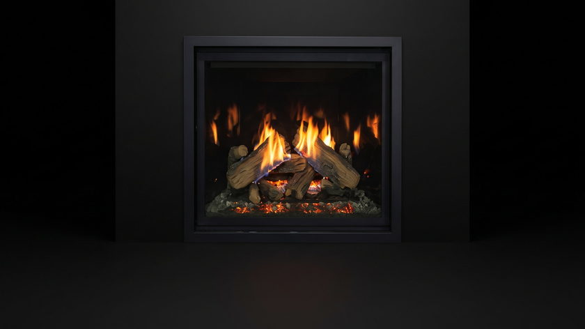 The Enviro RZ41 — gas fireplace — burning in the black studio void