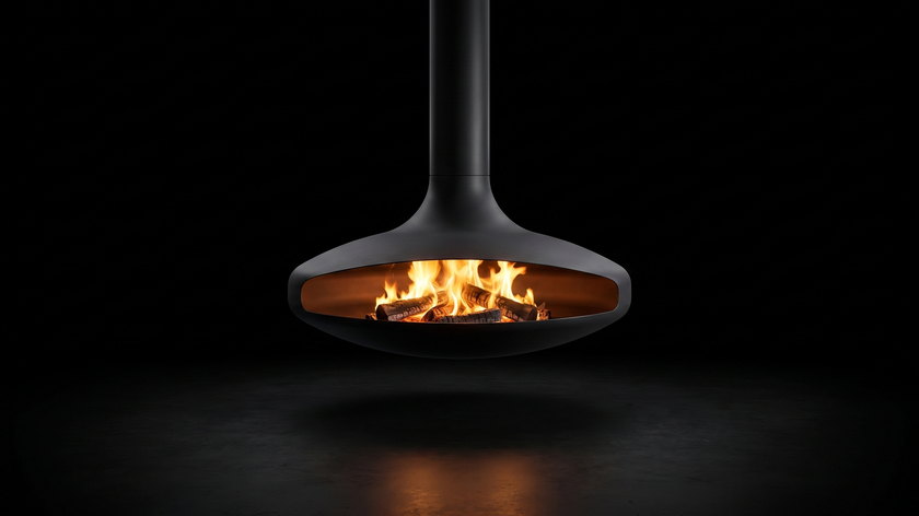 The Domofocus — suspended wood fireplace — burning in the black studio void