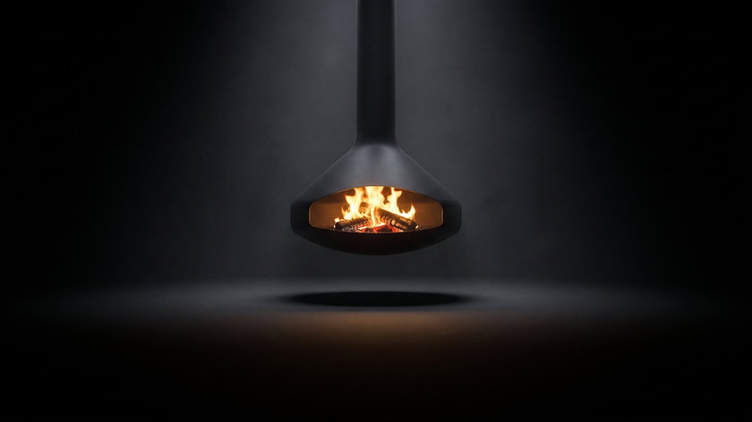 The Ergofocus — suspended wood fireplace — burning in the black studio void