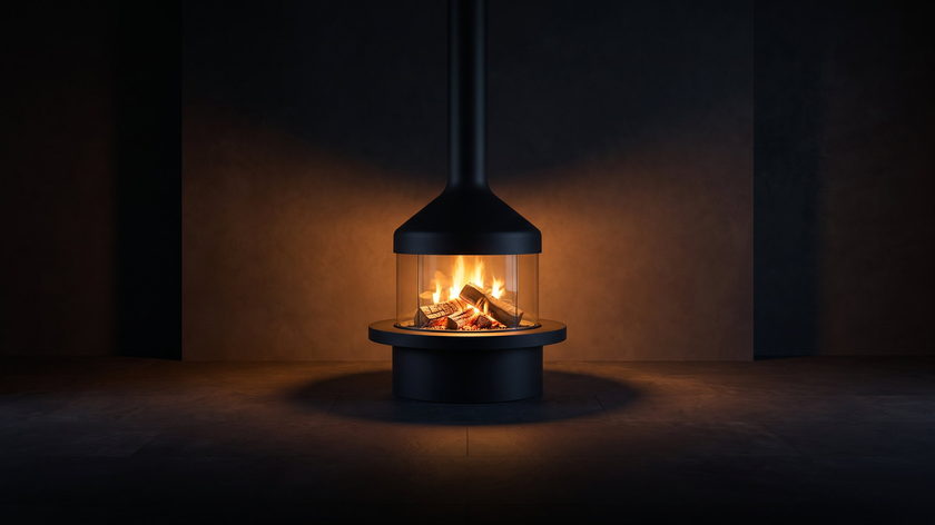 The Meijifocus — 360° sculptural fireplace — burning in the black studio void