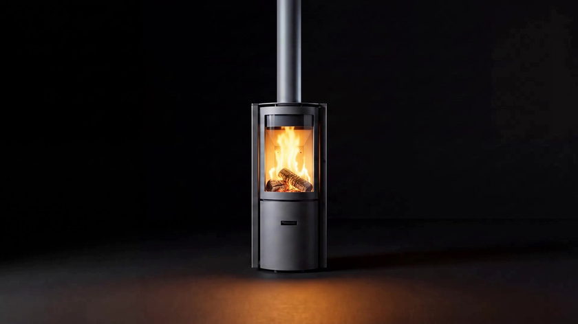 The Stûv 30-Compact — rotating wood stove — burning in the black studio void