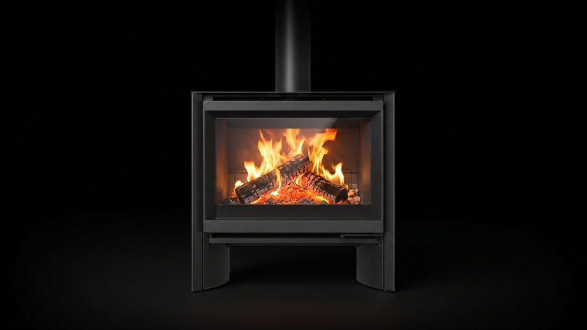 The Stûv 6-H — wood stove — burning in the black studio void