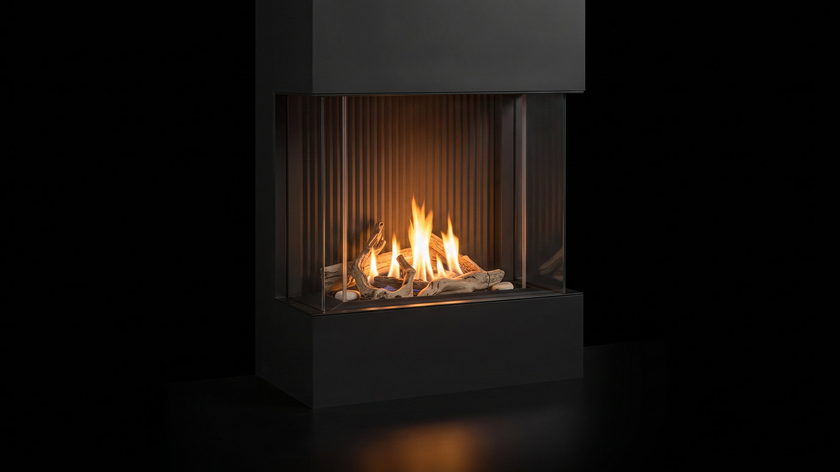 The Urbana U30 Tall Bay — 3-sided gas fireplace — burning in the black studio void