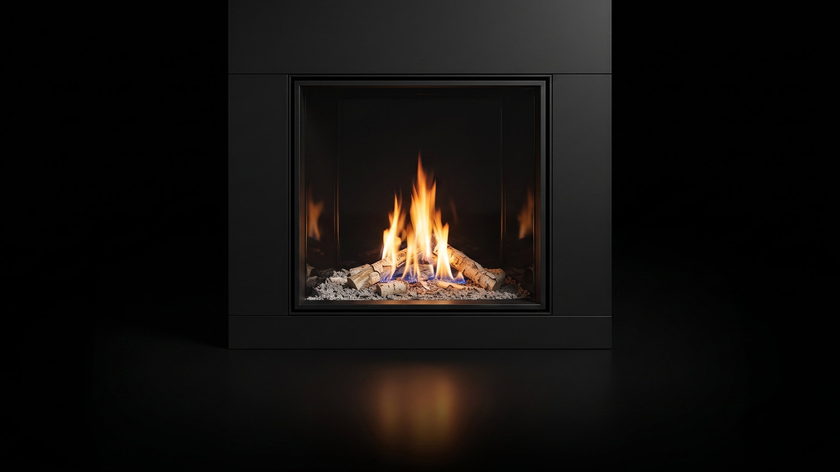 The Urbana U33 — traditional gas fireplace — burning in the black studio void