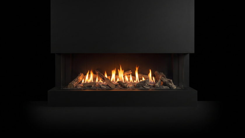 The Urbana U50 Bay — 3-sided gas fireplace — burning in the black studio void