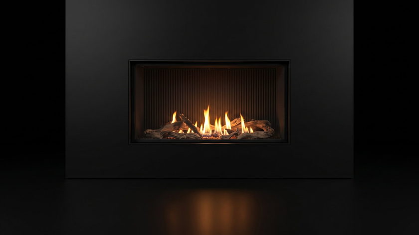 The Urbana U50 Tall Bay — 3-sided gas fireplace — burning in the black studio void