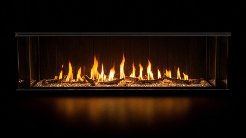 The Urbana U70 Bay — 3-sided gas fireplace — burning in the black studio void