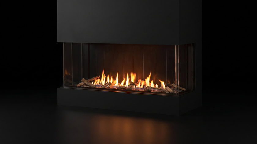 The Urbana U70 Tall Bay — 3-sided gas fireplace — burning in the black studio void