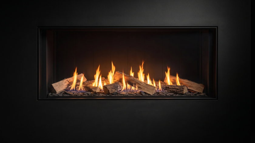 The Urbana U70 Tall Linear — gas fireplace — burning in the black studio void