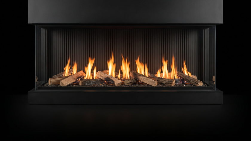 The Urbana U70 Tall Ultra — 3-sided gas fireplace — burning in the black studio void