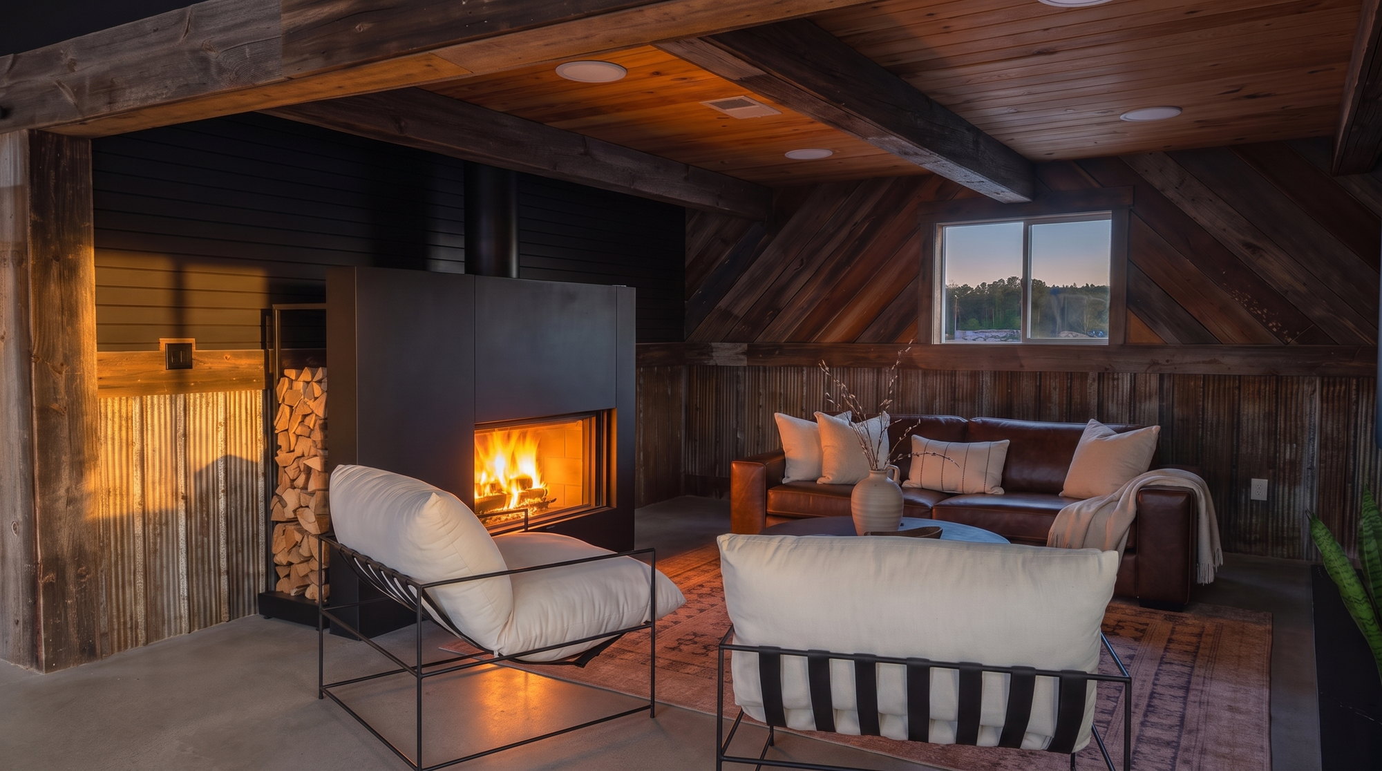 The barnboard lounge at dusk: a Stûv fireplace burning in its black chase, golden light raking the corrugated steel wainscot, leather sofa and white sling chairs around the fire