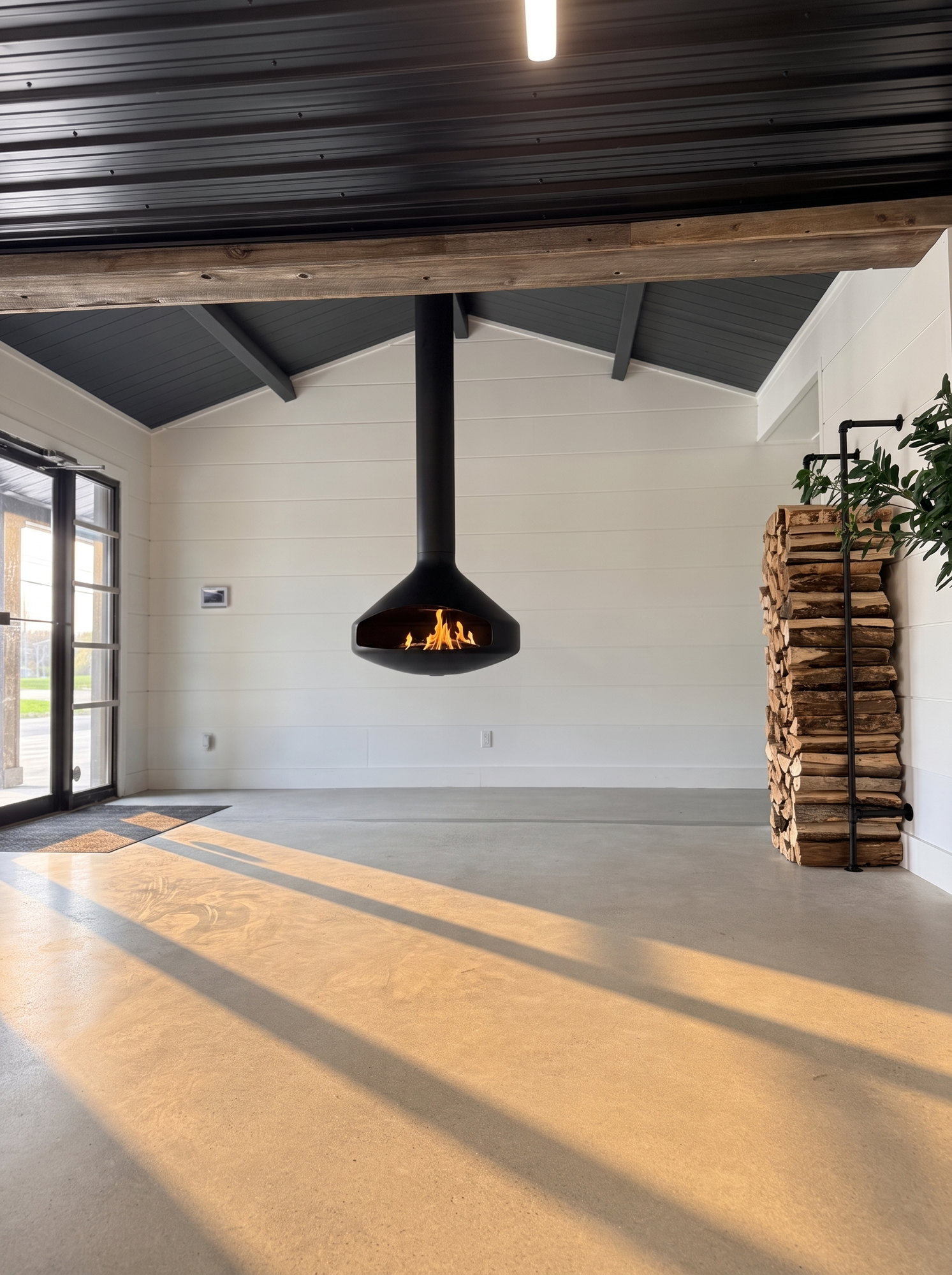 The showroom entrance at sunset: a suspended Focus fireplace burning over the polished concrete, a full wall-mounted firewood rack against white shiplap