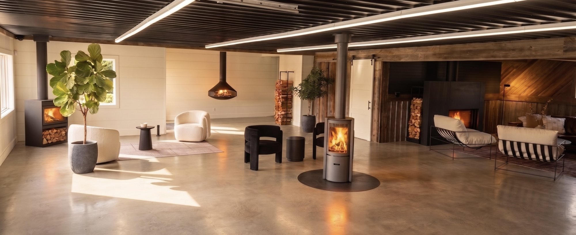 The Chase N’ Chimneys showroom aglow: the St&ucirc;v 30 burning mid-floor on its round pad, a suspended Focus fireplace, freestanding stoves and built-in fires alight across the hall