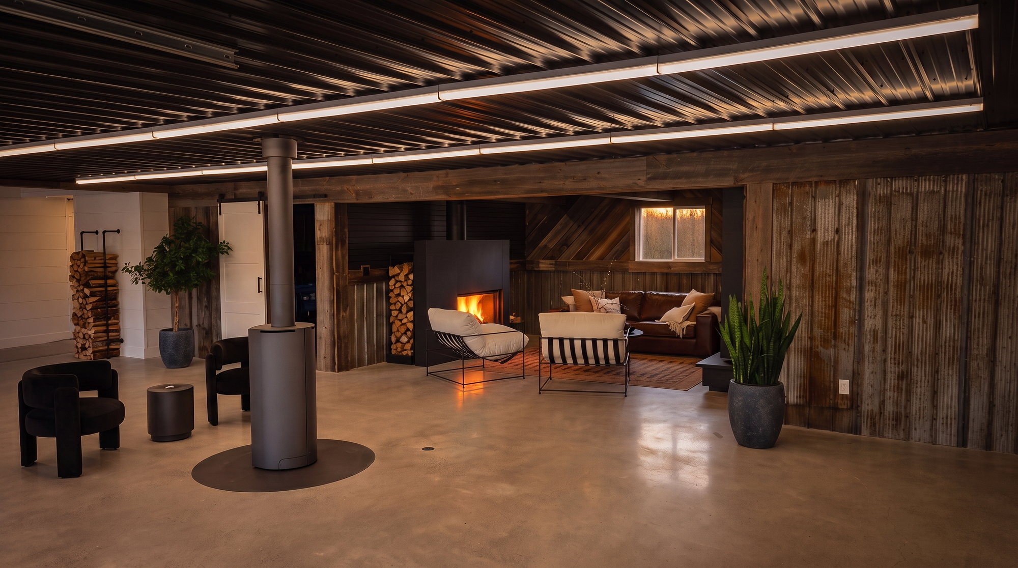 The Coldwater gallery: a wood stove burning beside seating in the barn-board hall