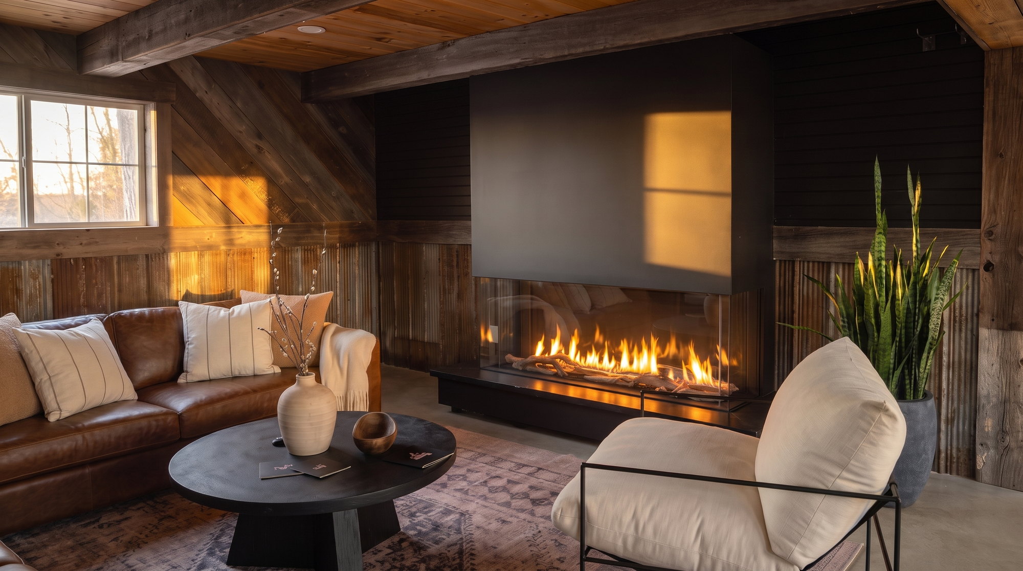 A three-sided Urbana gas fireplace burning across driftwood on its black stone plinth, evening sun squared on the chase above