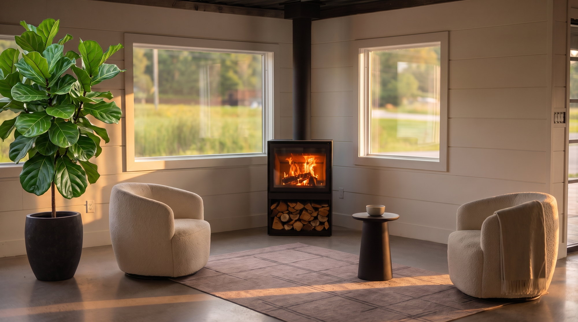 The bright corner at golden hour: a black Stûv stove burning with its log store stocked, sun stripes across the concrete, a tall fiddle-leaf fig beside cream chairs