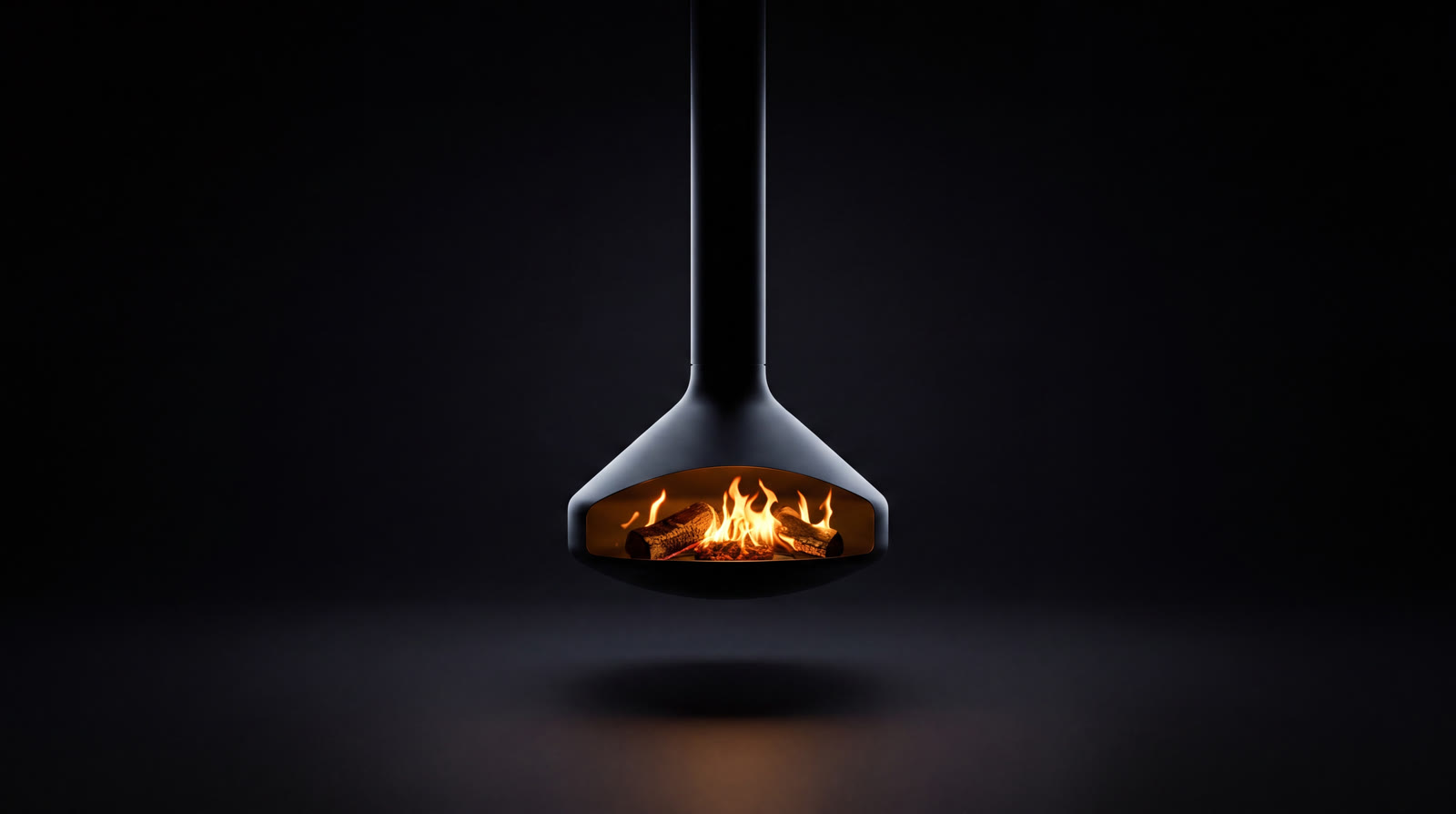The Focus Ergofocus Holographik, a matte black fireplace suspended from its ceiling flue, alight above the floor