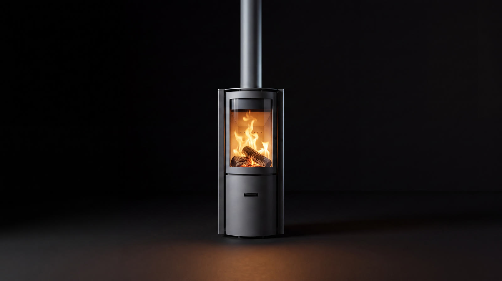 The Stûv 30 Compact burning in a black gallery void, glass face forward